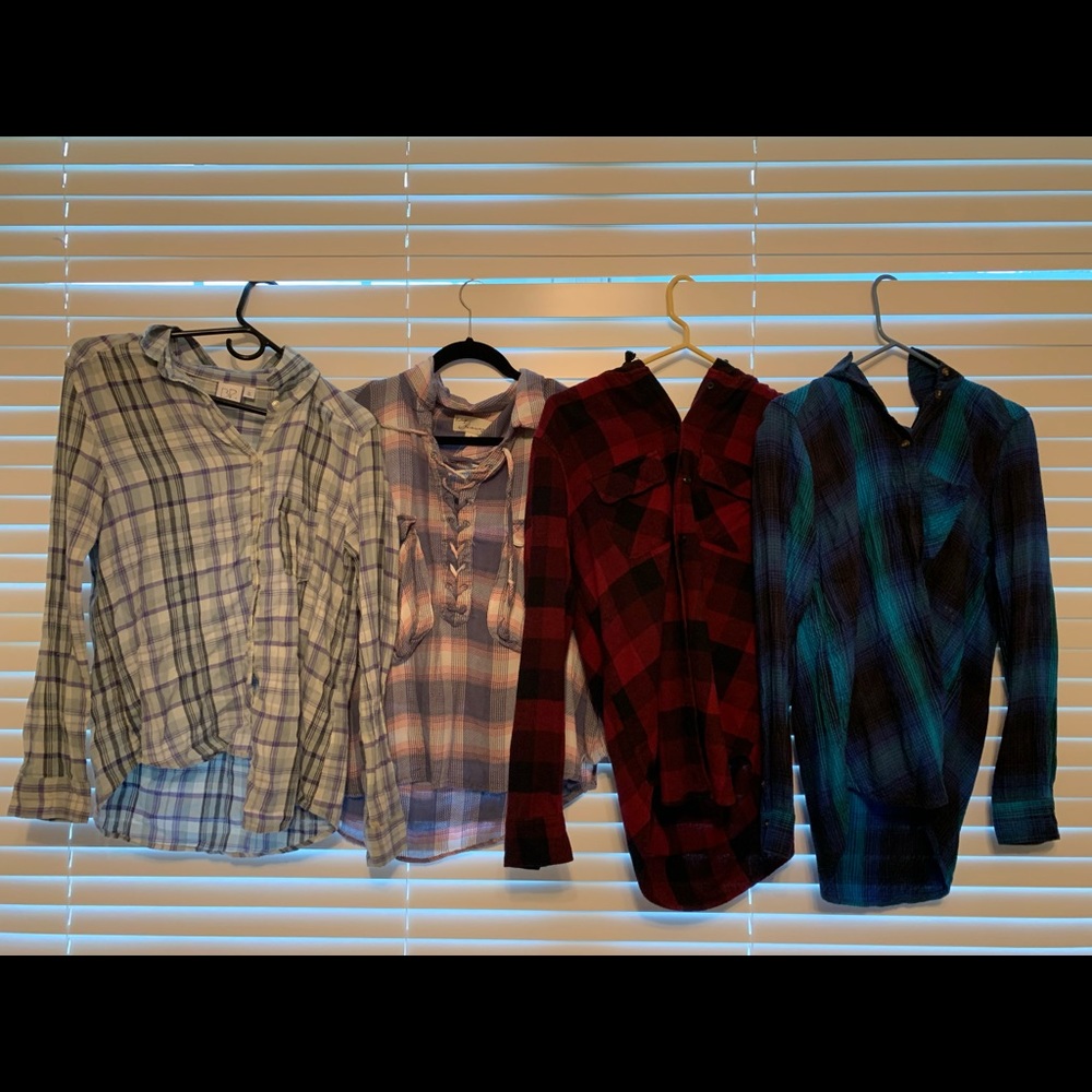 4 flannels all different colors and sizes